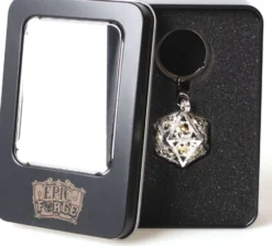 Porte-Clé D20 Argenté- Écrin Contenant 7 mini dés métal