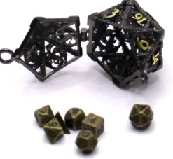 Porte-Clé D20 Noir - Écrin Contenant 7 mini dés métal