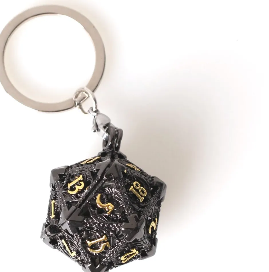 Porte-Clé D20 Noir - Écrin Contenant 7 mini dés métal