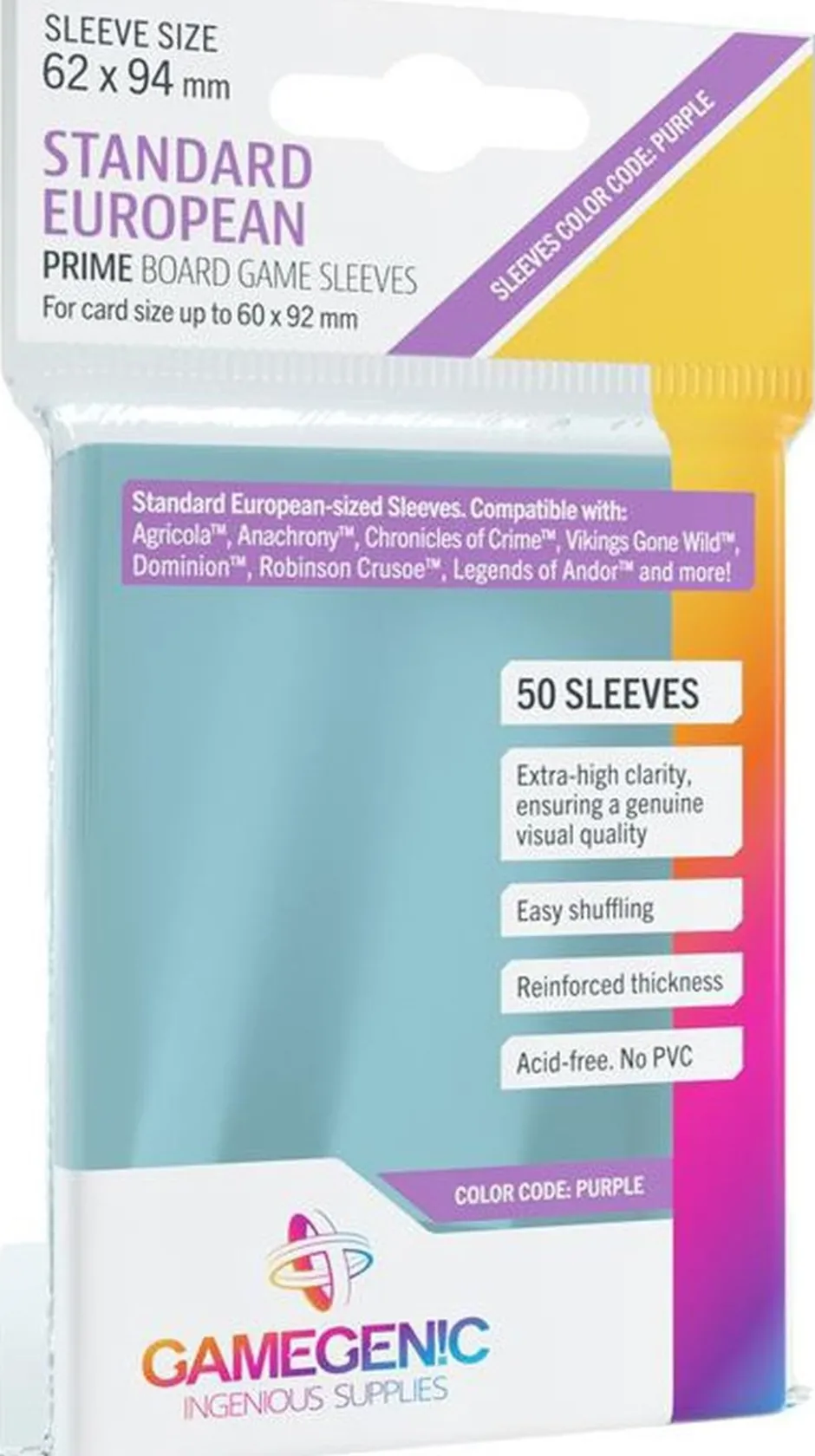 Protège-cartes : Gamegenic Standard European Prime Sleeves (62x94mm)