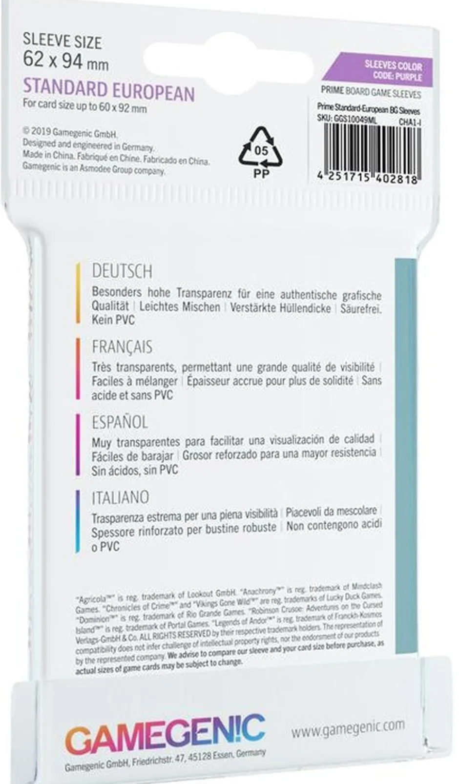 Protège-cartes : Gamegenic Standard European Prime Sleeves (62x94mm)