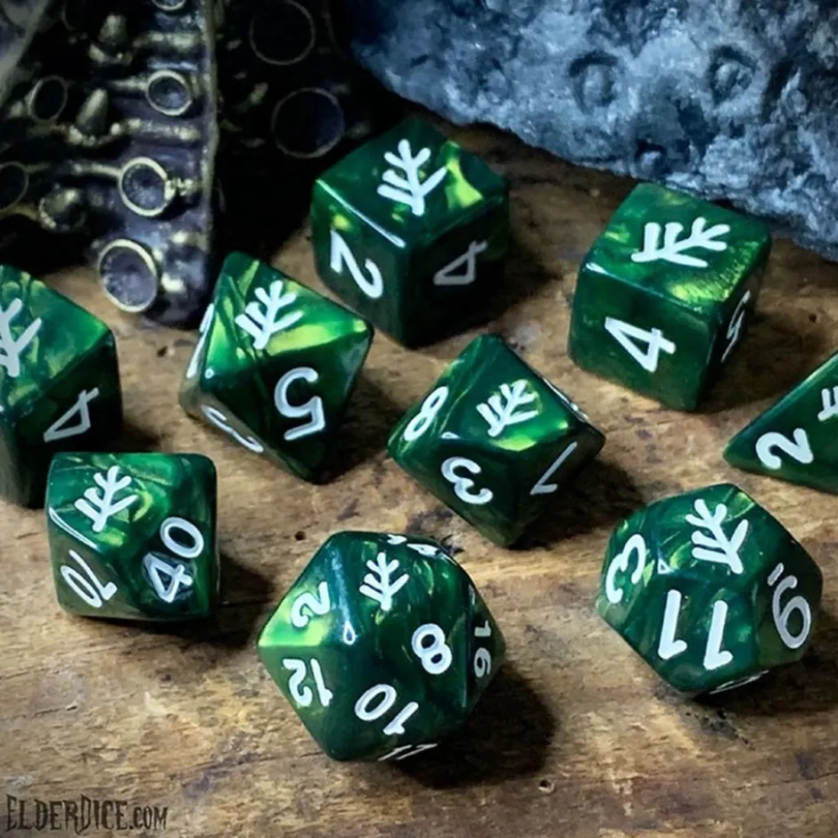 Set de dés - Elder Dice : Lovecraft ElderSign Dice - Aegis White on Eldritch Green (9)