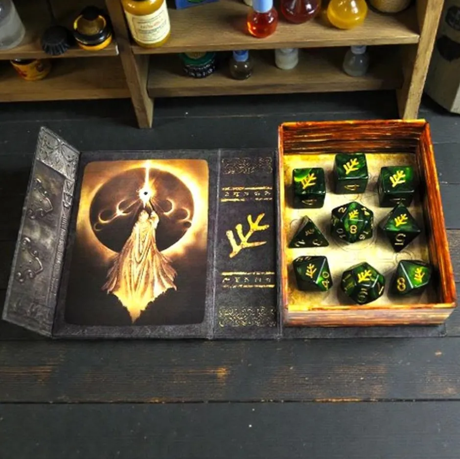Set de dés - Elder Dice : Lovecraft ElderSign Dice - Aegis White on Eldritch Green (9)