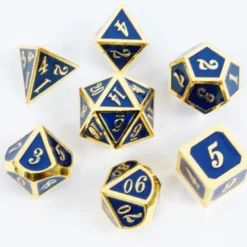 Set de dés métallique bleu profond avec chiffres dorés