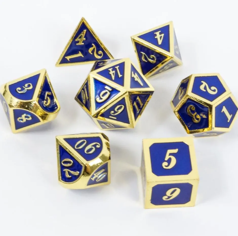 Set de dés métallique bleu profond avec chiffres dorés