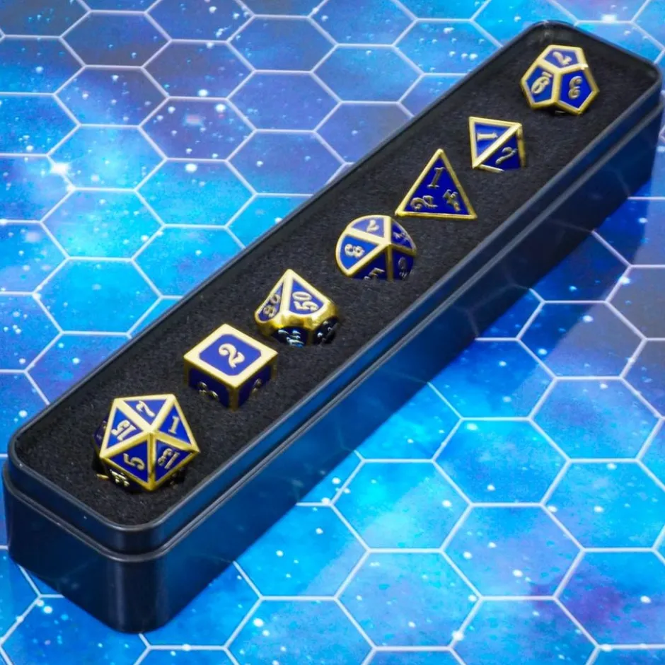 Set de dés métallique bleu profond avec chiffres dorés