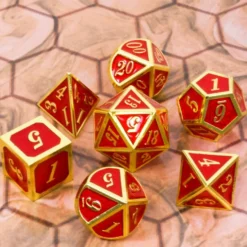 Set de dés métallique rouge étincelant avec chiffres dorés