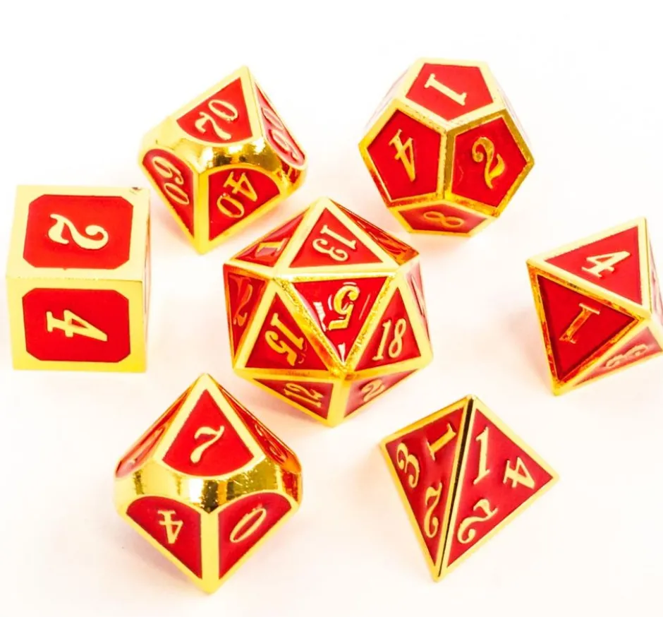 Set de dés métallique rouge étincelant avec chiffres dorés