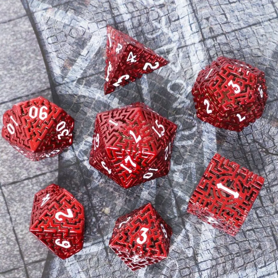 Set de Dés Métalliques Ajourés – Modèle "Labyrinthe" rouge et blanc