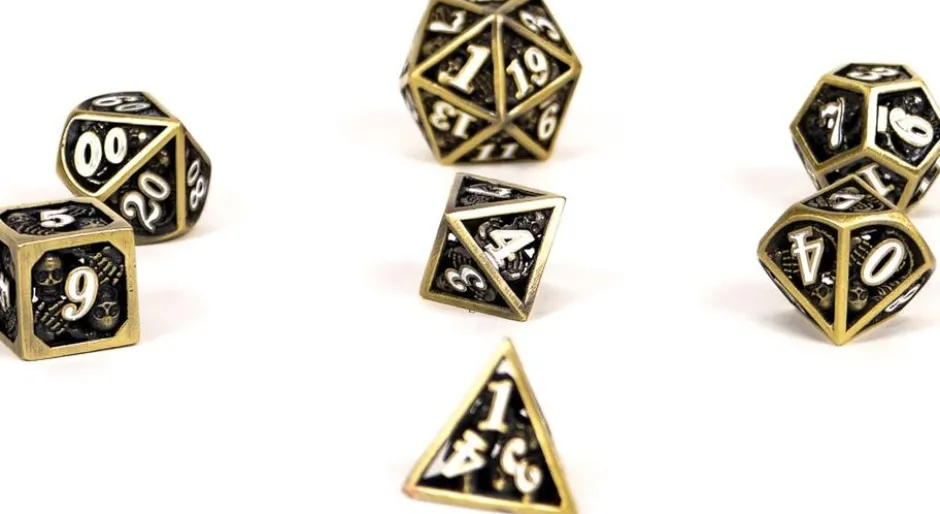 Set de dés métalliques creux (motif squelettes laiton et blanc)